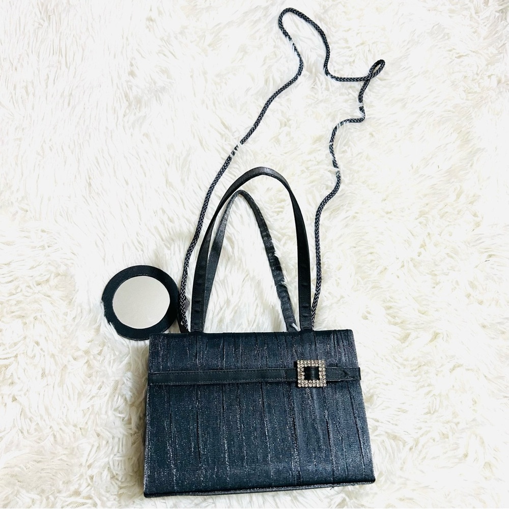 Women Metallic Clutch with Rhinestone Accent. Small purse dark grey with mirror - Picture 2 of 13